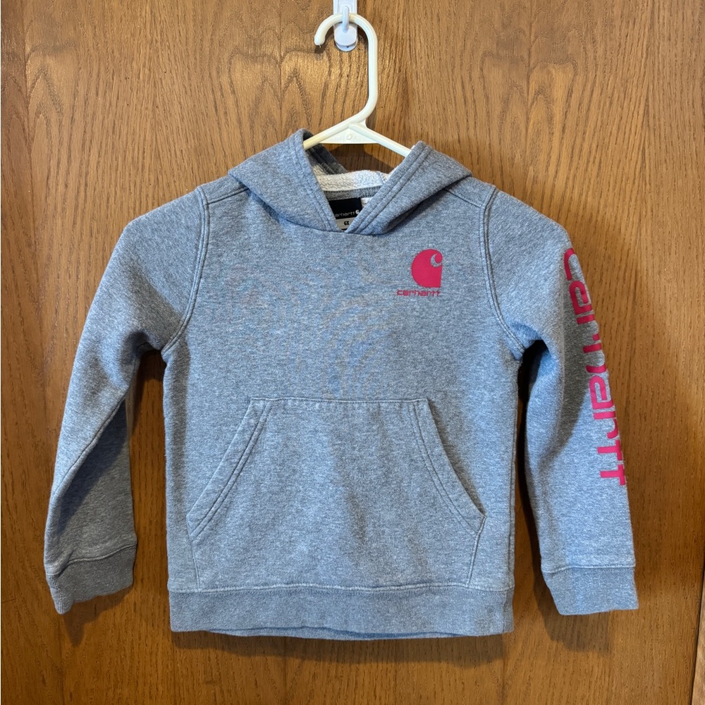 Carhartt Girls Gray Heathered Hoodie with Pink Logo - Size 6X